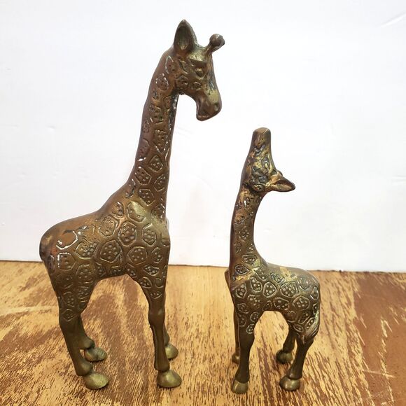 Vintage Gatco Solid Brass Heavy Pair Giraffe Mother and Baby Figurines Patina - Picture 2 of 13